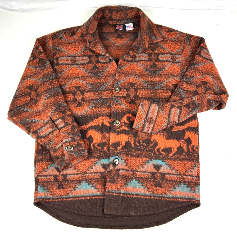Vintage Mazmania Fleece Button Cardigan Mens Medium 90s USA Made Aztec Horses